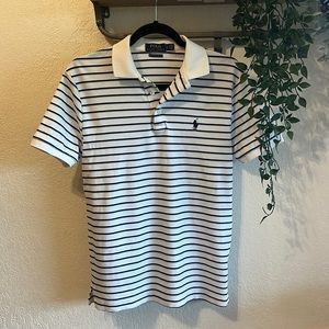 Navy blue & baby blue striped white polo